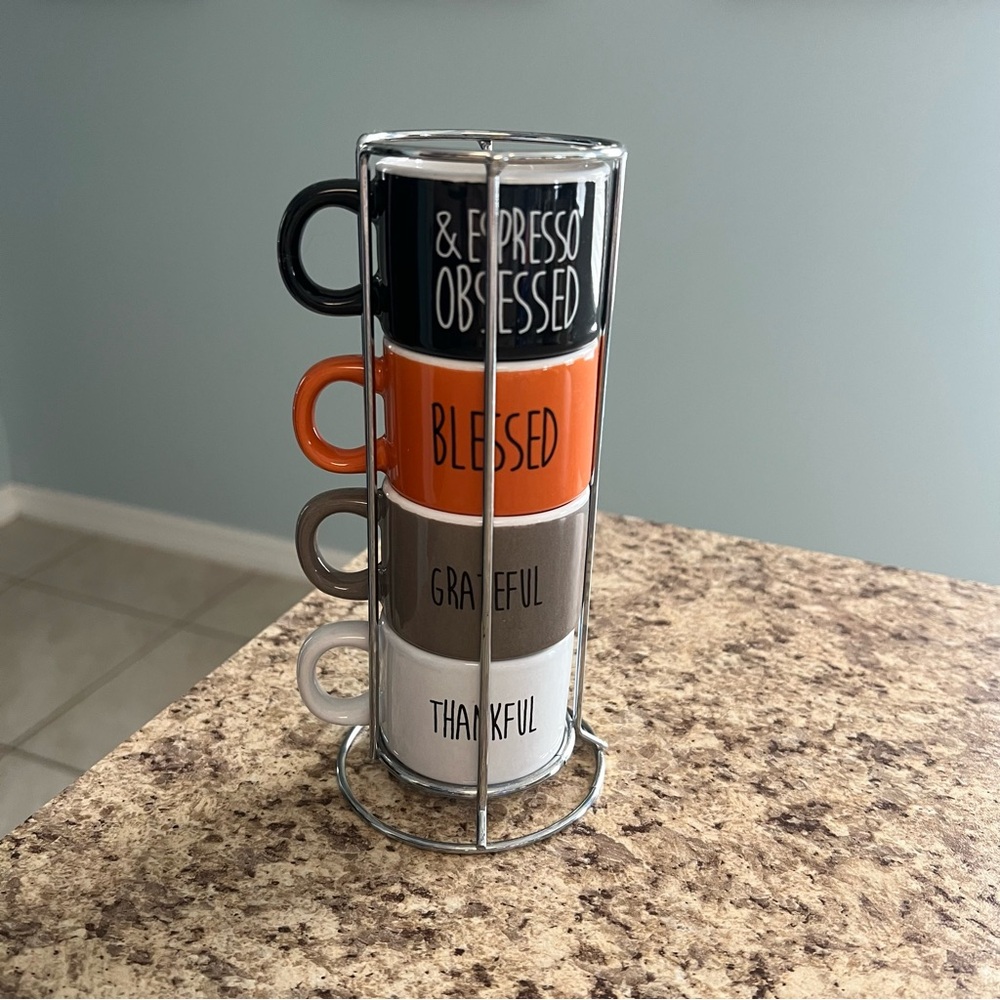 Espresso Mug Set with Stand - Black, Orange, Gray, White